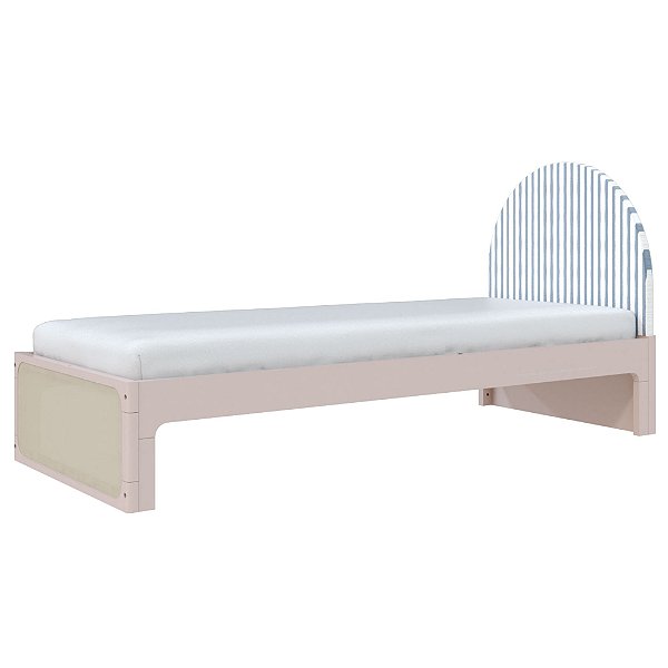 Cama Skandi Com Cabeceira Estofada - Sarja Listra Azul Sereno / Rosa Old