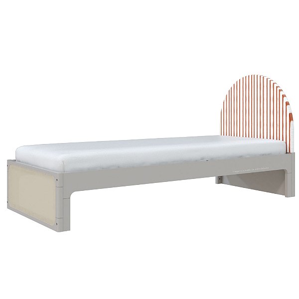 Cama Skandi Com Cabeceira Estofada - Sarja Listra Páprica / Cinza