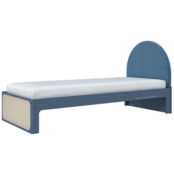 Cama Skandi Com Cabeceira Estofada - Sarja Azul / Anis
