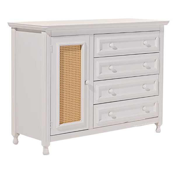 Cômoda Feliz - 4 Gavetas E 1 Porta Com Tela Trançada - Branco Com Palha Mel