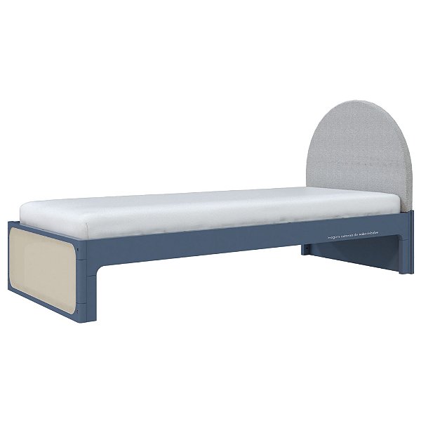 Cama Skandi Com Cabeceira Estofada - Sarja Cinza / Anis