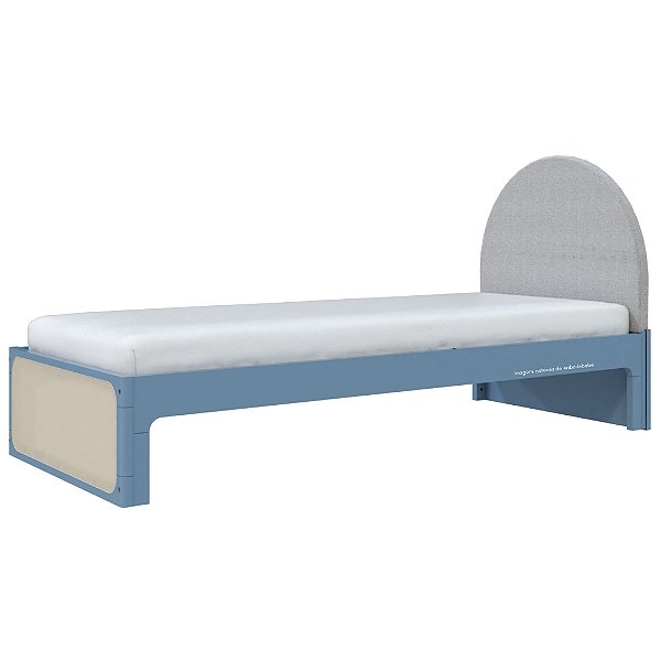 Cama Skandi Com Cabeceira Estofada - Sarja Cinza / Azul Sereno