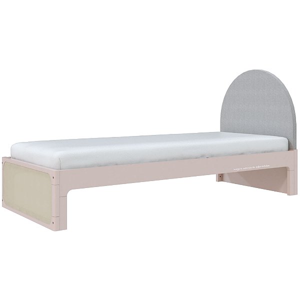 Cama Skandi Com Cabeceira Estofada - Sarja Cinza / Rosa Old