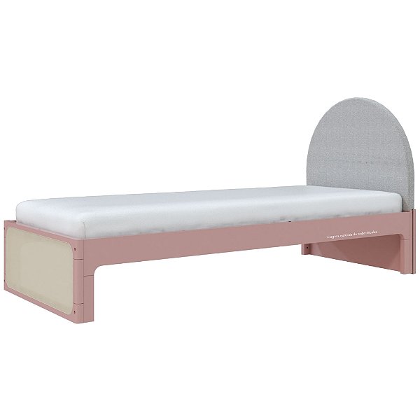 Cama Skandi Com Cabeceira Estofada - Sarja Cinza / Rose