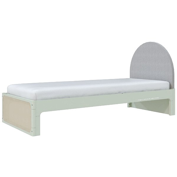 Cama Skandi Com Cabeceira Estofada - Sarja Cinza / Verde Old