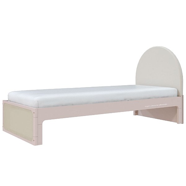 Cama Skandi Com Cabeceira Estofada - Veludo Bege / Rosa Old