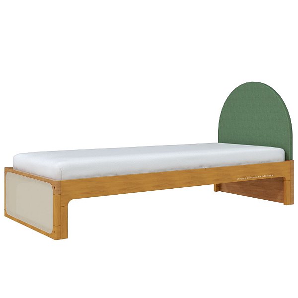 Cama Skandi Com Cabeceira Estofada - Sarja Verde / Madeira