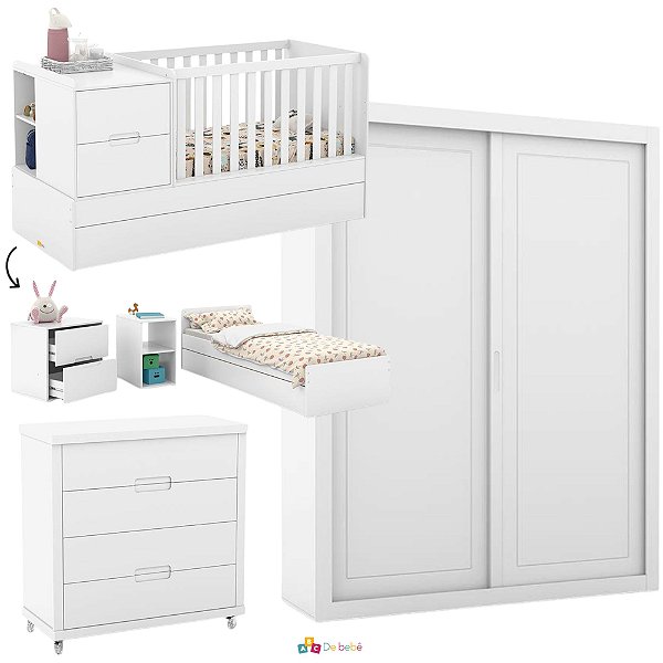 Quarto Completo - Berço Formare + Gaveteiro Tutto + Roupeiro 2 Portas de Correr Tutto - Branco Soft