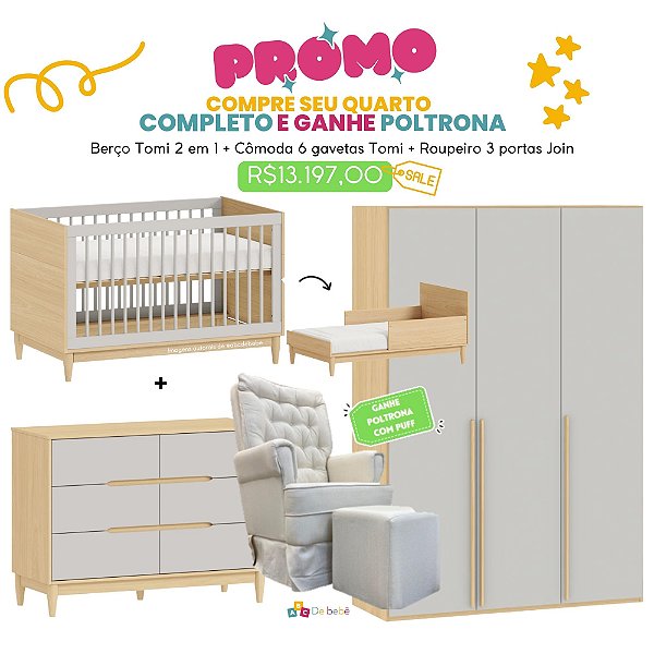 Quarto Completo - Berço 2 em 1 Tomi + Cômoda Tomi + Roupeiro 3 Portas Join - Cinza / Carvalho - Brinde: Poltrona de Amamentação Sonhos com Puff: Linho Bege