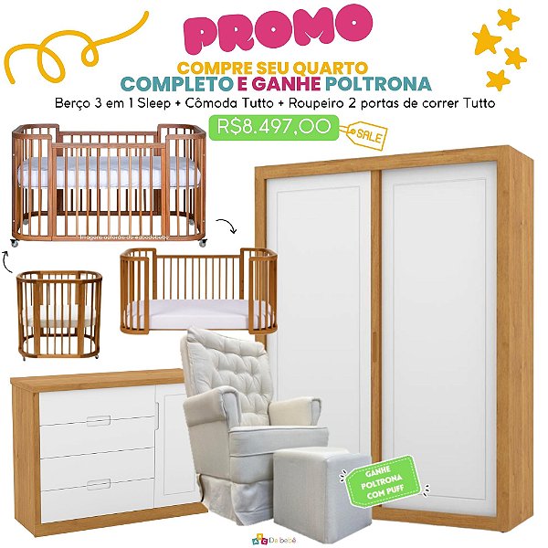 Quarto Completo Sleep + Tutto - Berço 3 Em 1 Sleep + Cômoda Com Porta Tutto + Roupeiro 2 Portas De Correr Tutto + + Poltrona de Brinde Modelo Sonhos Com Puff Linho Bege - prontaentrega