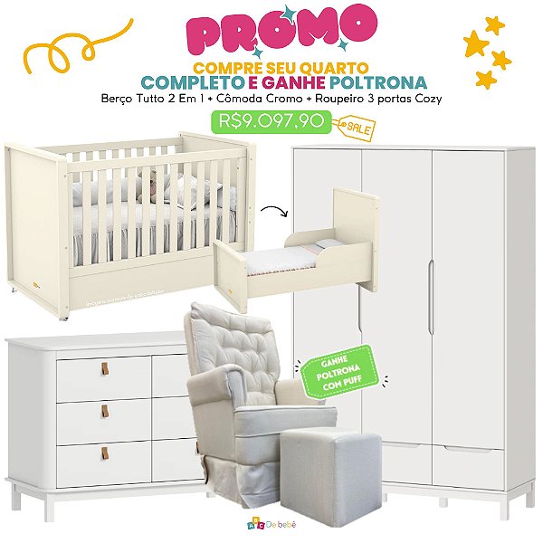 Quarto Completo Tutto + Cromo + Cozy - Berço 2 Em 1 + Cômoda Cromo + Roupeiro 3 Portas Cozy + Poltrona de Brinde Modelo Sonhos Com Puff Linho Bege - prontaentrega