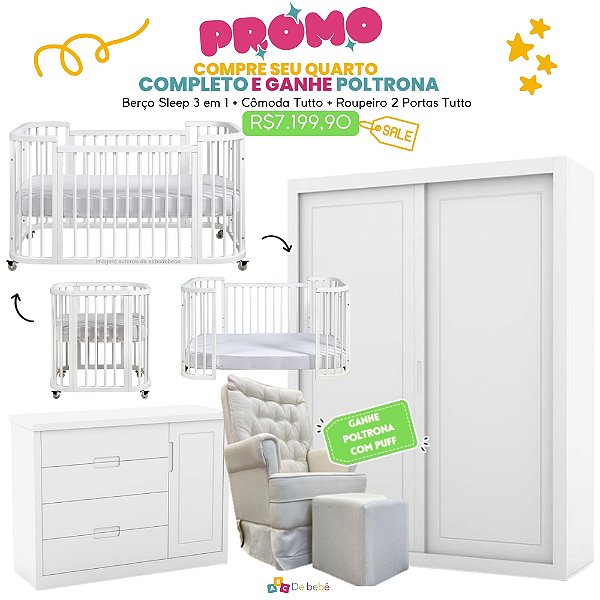 Quarto Completo - Berço 3 Em 1 Sleep Branco + Cômoda Com Porta Tutto Branco + Roupeiro 2 Portas De Correr Tutto Branco + Poltrona de Brinde Modelo Sonhos Com Puff Linho Bege - prontaentrega