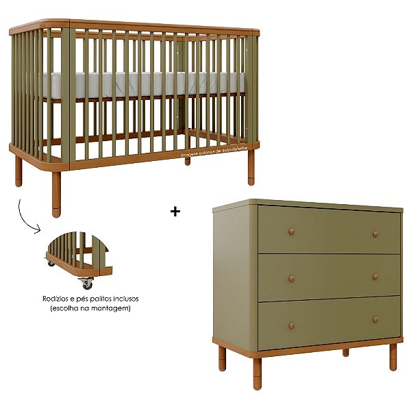 Conjunto Berço + Cômoda Joy - Cacto / Madeira