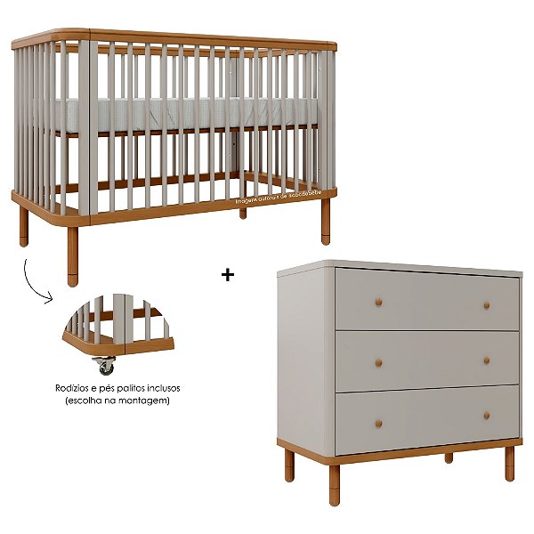 Conjunto Berço + Cômoda Joy - Cinza / Madeira