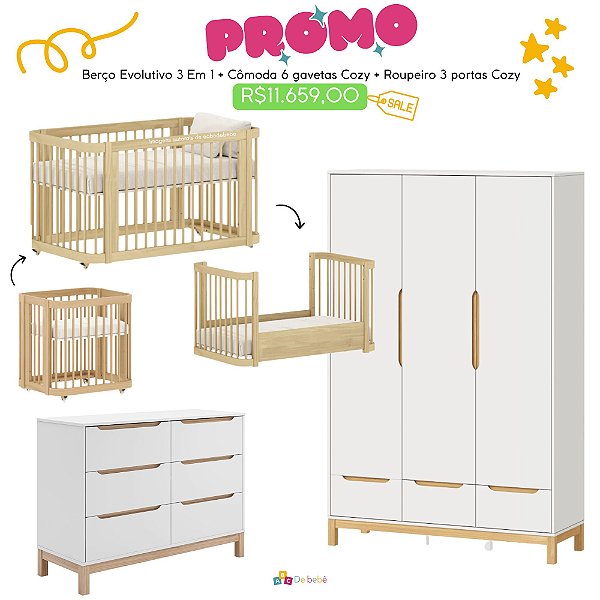 Quarto Completo - Berço Carvalho 3 em 1 + Cômoda 6 Gavetas Cozy + Roupeiro 3 Portas Cozy - Branco com Carvalho - prontaentrega
