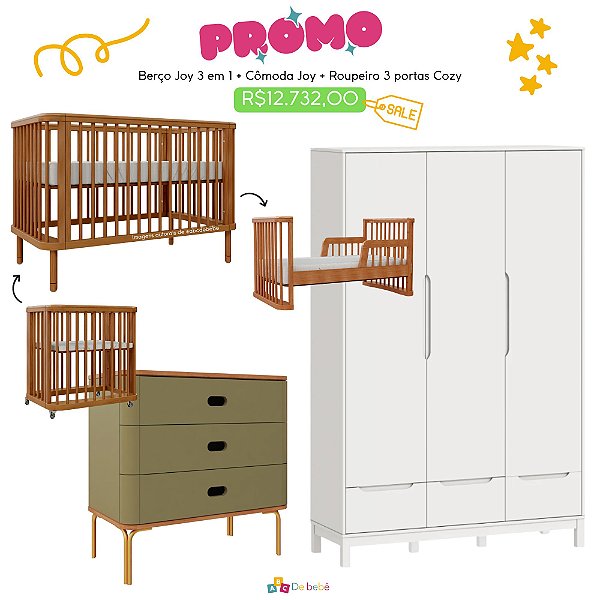 Quarto Completo - Berço Joy 3 Em 1 Madeira + Cômoda Aquarela Cacto + Roupeiro 3 Portas Cozy Branco Fosco - prontaentrega