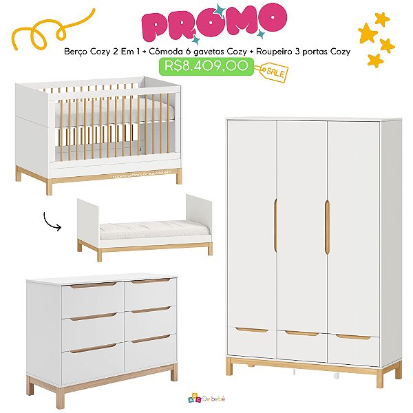 Quarto Completo - Cozy - Berço + Cômoda 6 Gavetas + Roupeiro 3 Portas - Branco Com Carvalho Malva - prontaentrega