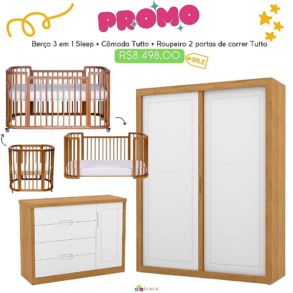 Quarto Completo Sleep + Tutto - Berço 3 Em 1 Sleep + Cômoda Com Porta Tutto + Roupeiro 2 Portas De Correr Tutto - prontaentrega