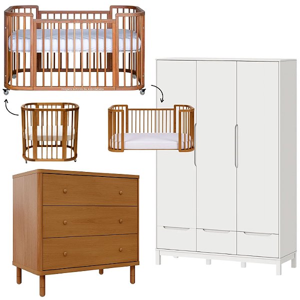 Quarto Completo - Berço Sleep 3 Em 1 Madeira + Cômoda Joy Madeira + Roupeiro 3 Portas Cozy Branco Fosco - prontaentrega
