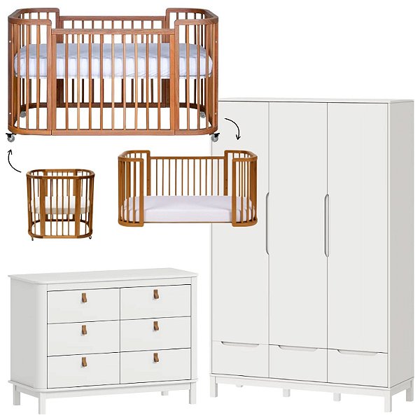 Quarto Completo - Berço Sleep 3 Em 1 Madeira + Cômoda Cromo Branco Fosco + Roupeiro 3 Portas Cozy Branco Fosco - prontaentrega