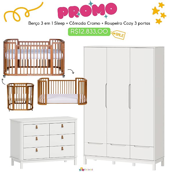 Quarto Completo - Berço Sleep 3 Em 1 Madeira + Cômoda Cromo Branco Fosco + Roupeiro 3 Portas Cozy Branco Fosco - prontaentrega