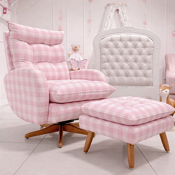Poltrona De Amamentação Clarisse - Com Balanço e Giro - Com Puff Pé Palito - Xadrez