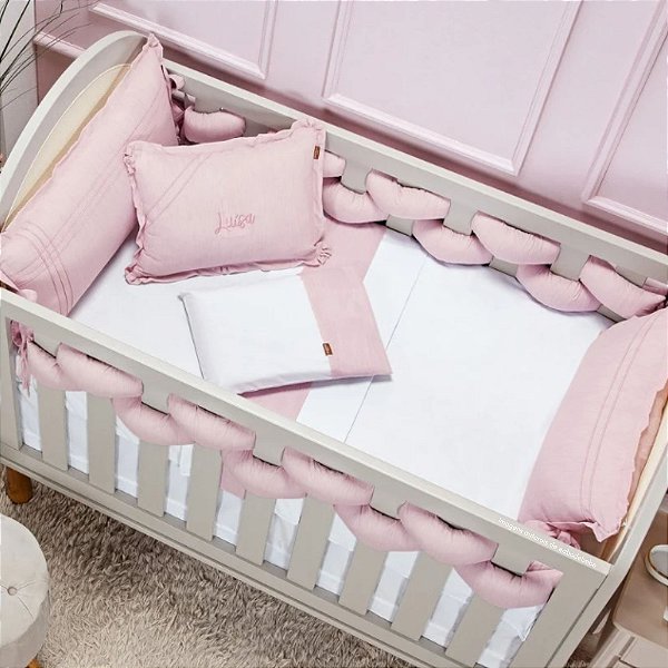 Kit Berço Linho Slim Trançável - 10 Peças - Rosê Mescla - Personalizado