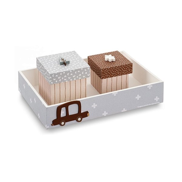 Kit Higiene Para Bebê Com Bandeja E Caixinhas Decorativas - Transportes - 108052