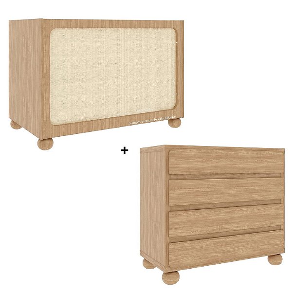 Conjunto Vero - Berço Grade Em Palha + Cômoda - Madeira Caramelo