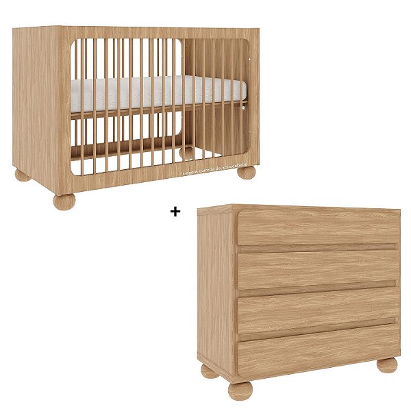 Conjunto Vero - Berço Grade Palitada + Cômoda - Madeira Caramelo