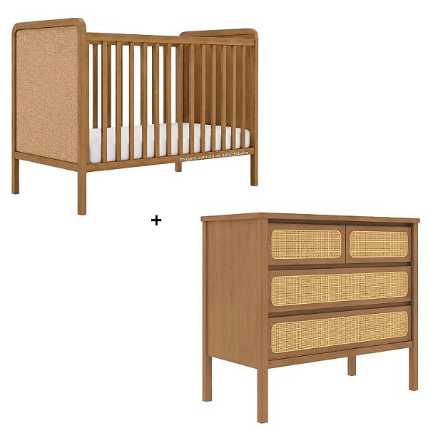 Conjunto Raízes Plan Palha - Berço 2 Em 1 + Cômoda 4 Gavetas - Madeira Caramelo