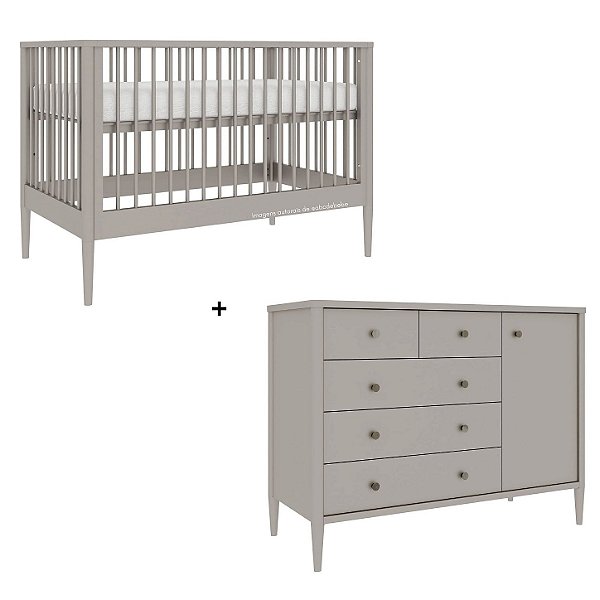 Conjunto Sora - Berço 3 Em 1 + Cômoda 5 Gavetas E 1 Porta - Areia Algodão Doce