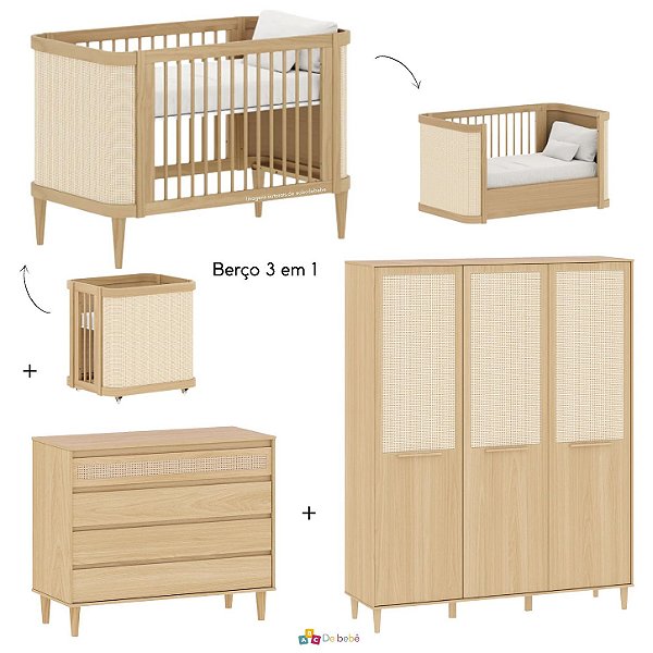 Quarto Completo Paglia - Berço 3 Em 1 + Cômoda + Roupeiro 3 Portas - Carvalho Malva