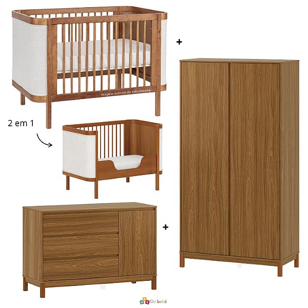 Quarto Completo Soley - Berço 2 Em 1 + Cômoda Com Porta + Guarda-Roupa 2 Portas - Nogueira