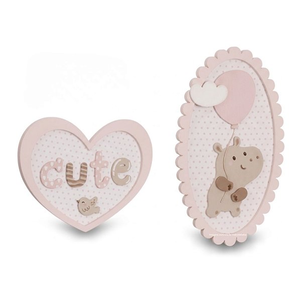 Kit 2 Quadros Com Hipoppótamo Com Balão E Passarinho - Fofura - 117050