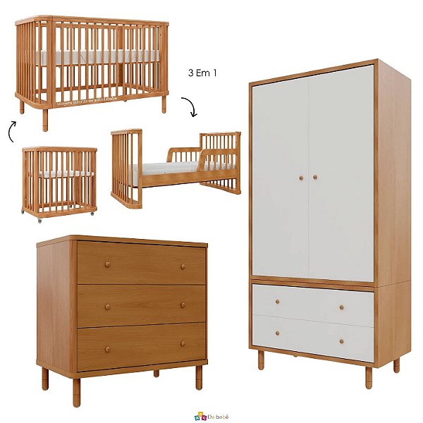 Quarto Completo Joy - Berço 3 Em 1 + Cômoda 3 Gavetas + Guarda-Roupa 2 Portas - Madeira / Madeira Branco