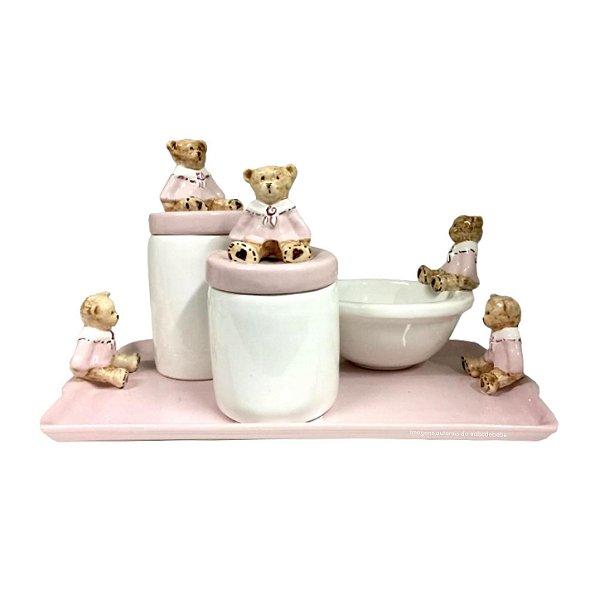Kit Higiene De Cerâmica 4 Peças - Ursa Robby/Rosa Bebê - prontaentrega