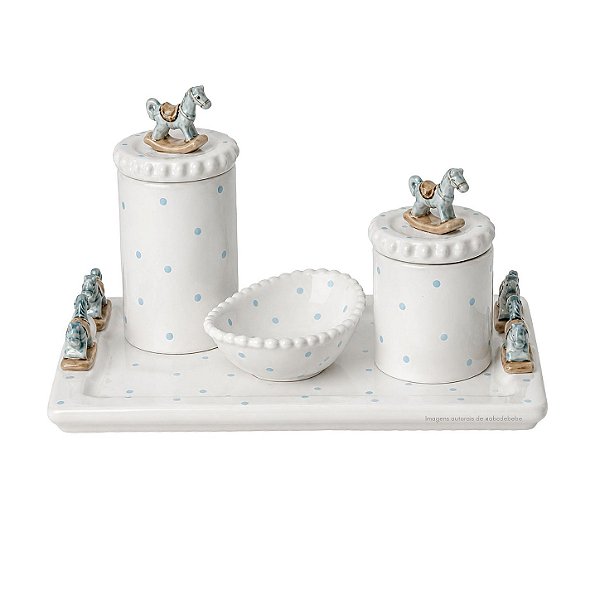 Kit Higiene De Cerâmica 4 Peças - Cavalinho Baby/Branco/Poá Azul