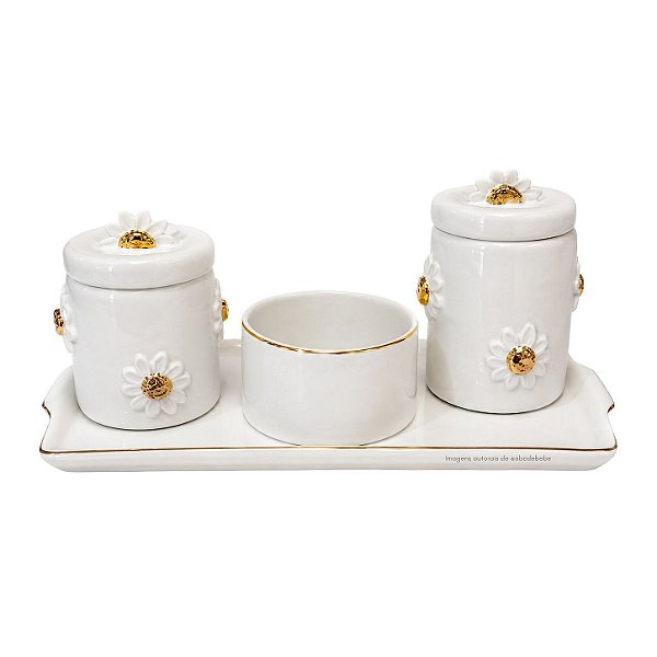Kit Higiene De Cerâmica 4 Peças - Margarida Off White/Dourado