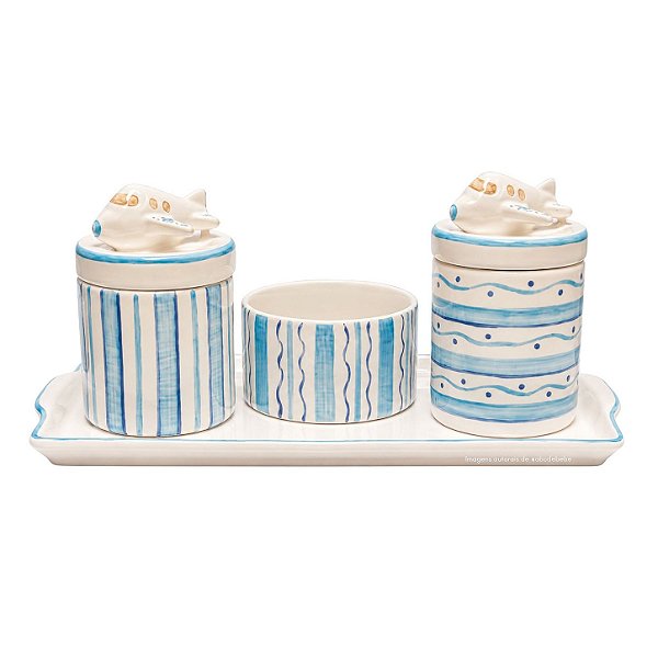 Kit Higiene De Cerâmica 4 Peças - Aviãozinho Branco/Azul