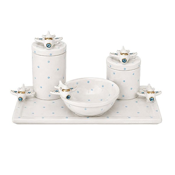 Kit Higiene De Cerâmica 4 Peças - Aviãozinho/Azul Bebê Com Poá