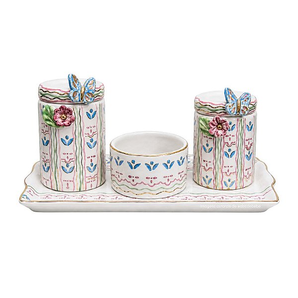 Kit Higiene De Cerâmica 4 Peças - Borboleta/Flor/Dourado