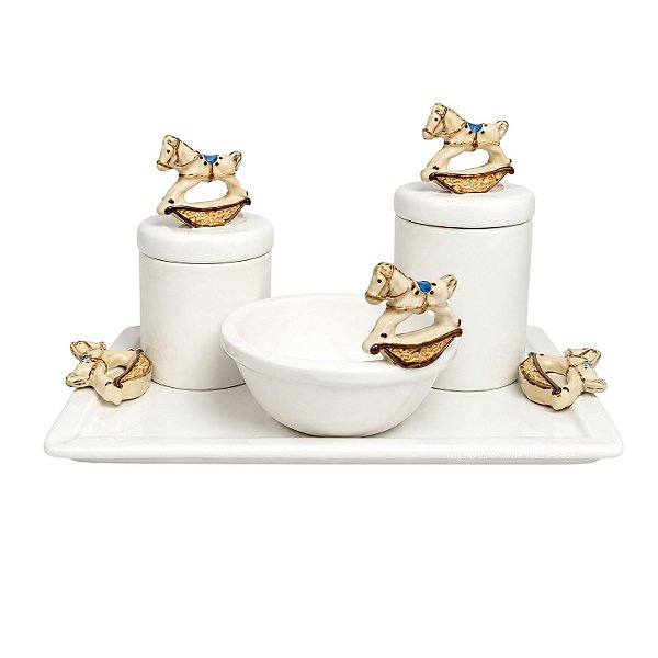 Kit Higiene De Cerâmica 4 Peças - Cavalinho Baby/Sela Azul Claro