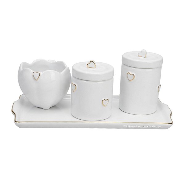 kit Higiene De Cerâmica 4 Peças - Branco Com Corações Dourado