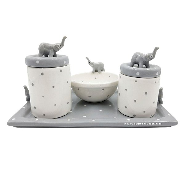 kit Higiene De Cerâmica 4 Peças - Elefante Cinza/Poá
