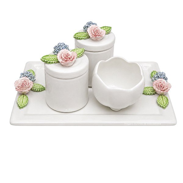 kit Higiene De Cerâmica 4 Peças - Floral/Off White