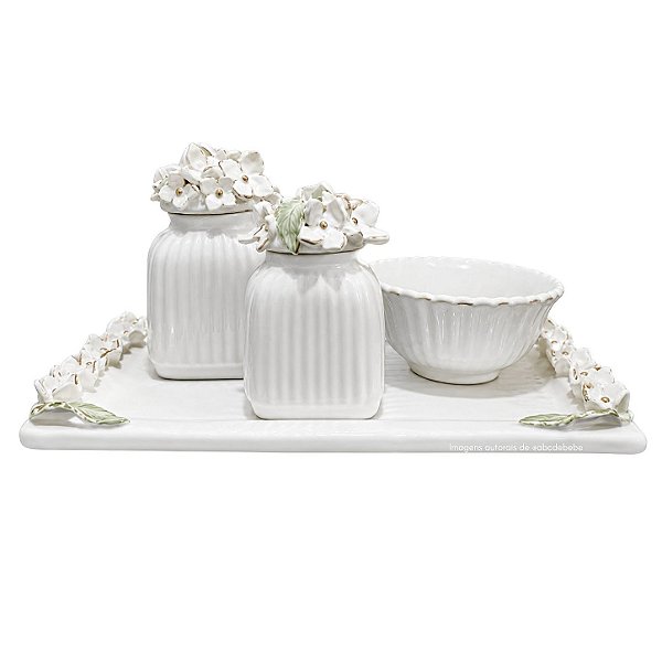 kit Higiene De Cerâmica 4 Peças - Hortensia/Off White/Dourado