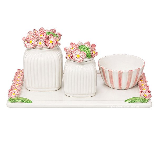 kit Higiene De Cerâmica 4 Peças - Hortensia/Rosa/Listrado