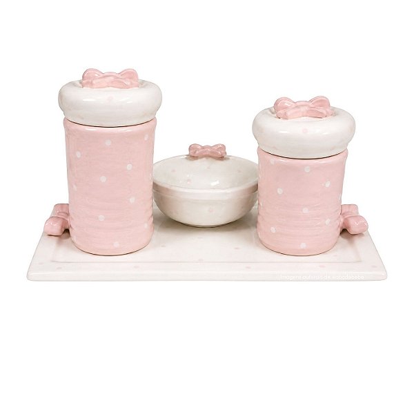 kit Higiene De Cerâmica 4 Peças - Laço/Rosa Bebê/Poá
