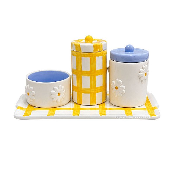 kit Higiene De Cerâmica 4 Peças - Margarida/Xadrez/Amarelo